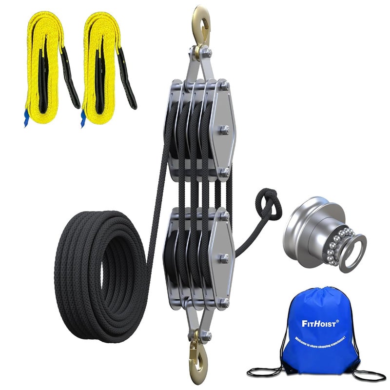 FITHOIST Block and Tackle 4400LBS Breaking Strength Heavy Duty Pulley Hoist, 65 Ft Rope, 7:1 Lifting Power, 2 Pcs 8 Ft Lift Sling (Black) - Image 2
